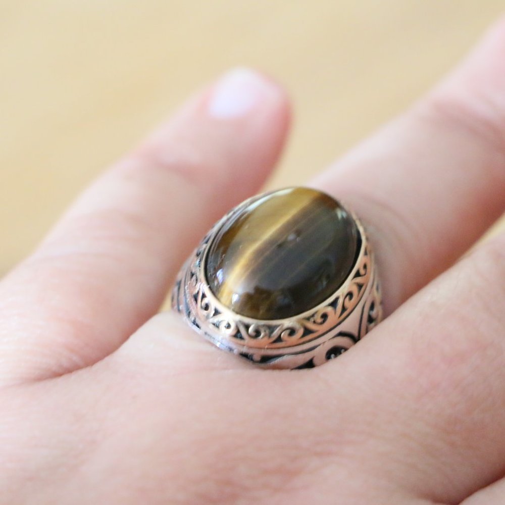 925 Sterling Silver Men's Ring with Tiger Eye -Super Elegant - Picture 5 of 10